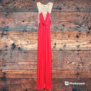 Charming Charlie, Maxi dress, Pink/White Crochet, Sz XS/Sm, Empire Waist, Halter